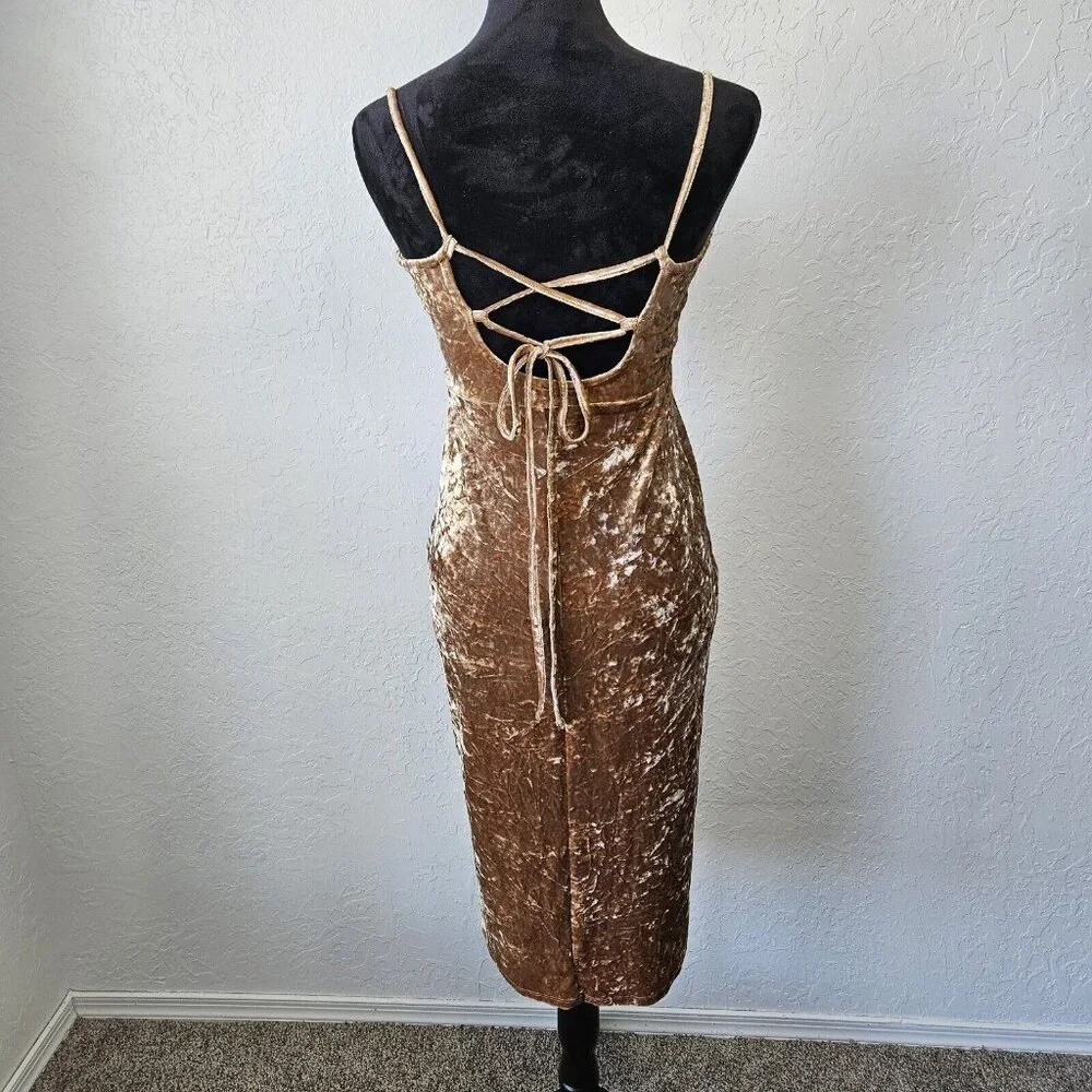 Vtg Y2K Forever 21 Crushed Velvet Midi Dress Tan Sz Med fairycore - Picture 2 of 12